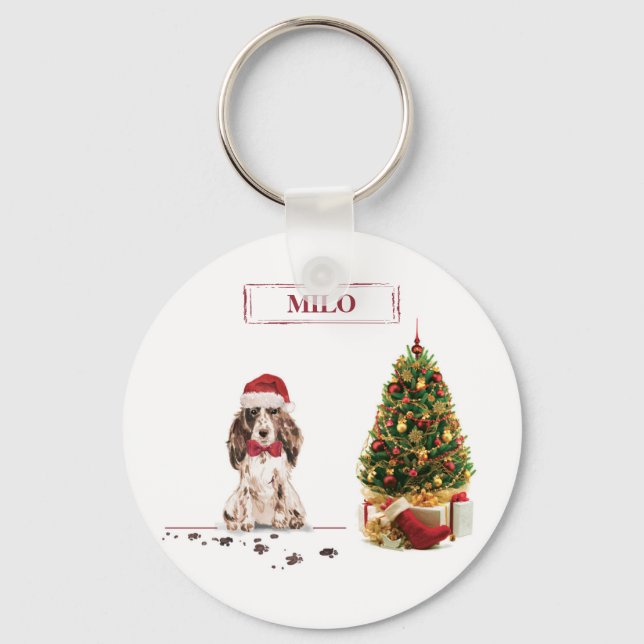 Brun Cocker Spaniel Rolig Jul Hund med Träd Nyckelring (Framsida)