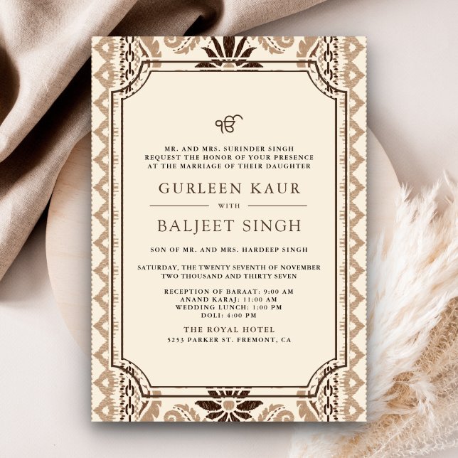 Brun Crème Beige Ikat Anand Karaj Sikh Bröllop Inbjudningar (Skapare uppladdad)