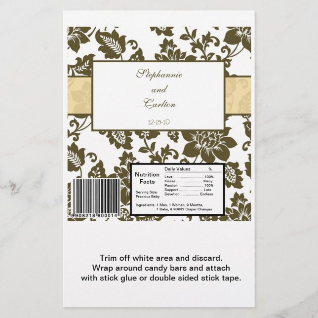 Brun/Creme Blommigt Damask Wedding Candy Wrapper (Framsida)