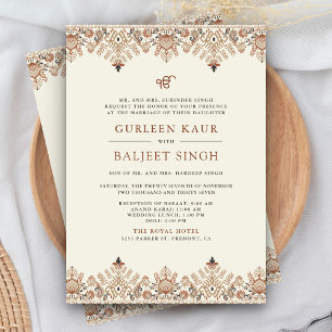 Brun Crème Ikat Anand Karaj Sikh Bröllop Inbjudningar