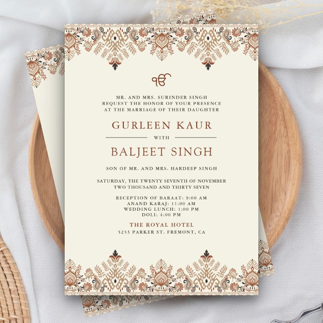 Brun Crème Ikat Anand Karaj Sikh Bröllop Inbjudningar (Skapare uppladdad)