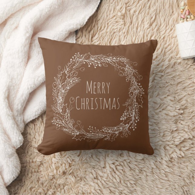 Brun Crème Jordnära God Jul Linjekonst Kudde (Filt)