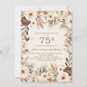 Brun Crème Vattenfärg Blommig 75-årsjubileum Inbjudningar