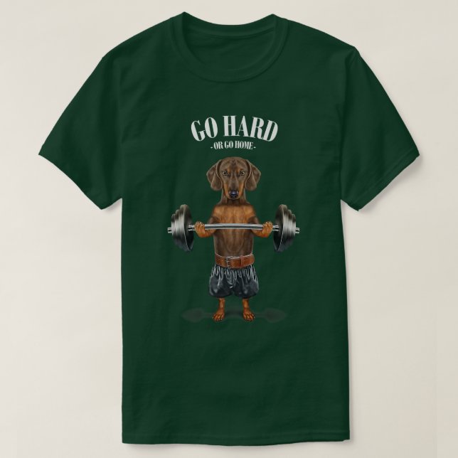 Brun Dachshund Hund Muscle Training Weightlyftning T Shirt (Design framsida)