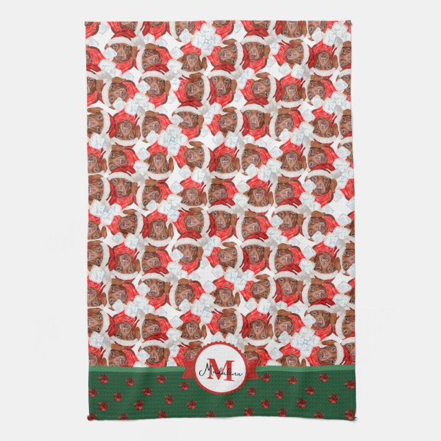 Brun Dachshund Mönster Monogram Jul Hund Kökshandduk (Vertikal)