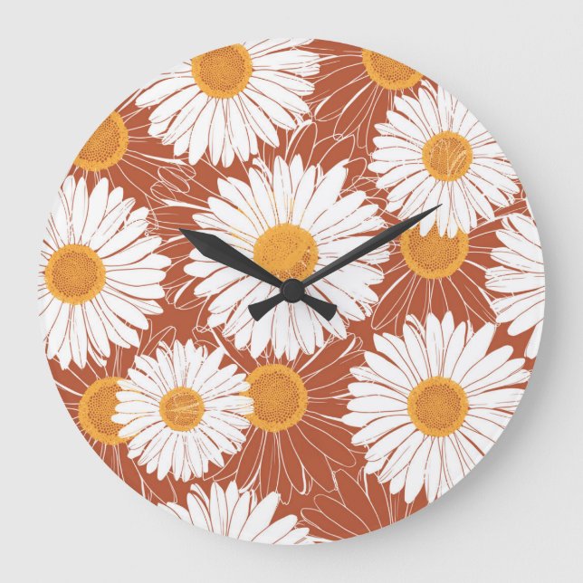 Brun Daisy: Sömlös blomma Mönster Stor Klocka (Framsida)