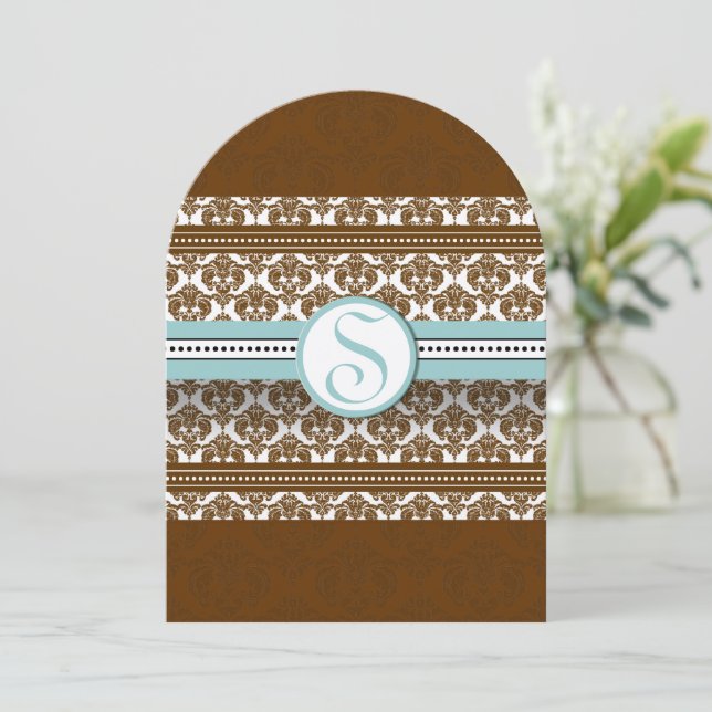 Brun Damask  Aqua Blå Trimm Bröllopsinbjudan Inbjudningar (Stående Fram)