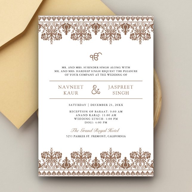 Brun Damask-kant Anand Karaj Sikh-bröllop Inbjudningar (Skapare uppladdad)