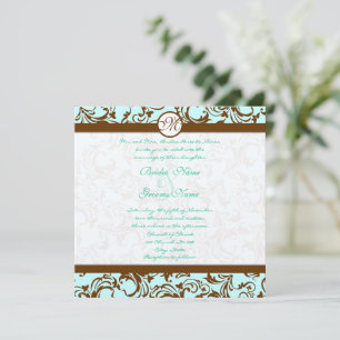 Brun Damask Light Aqua Blue Bröllopsinbjudan Inbjudningar