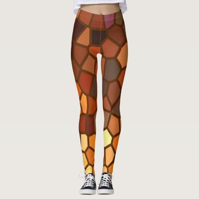 Brun damasker för abstrakt för orangegultmosaik leggings (Framsida)