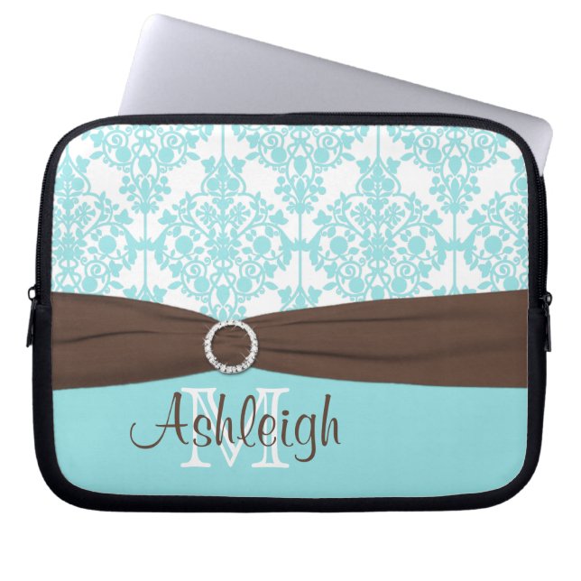 Brun damast för blått med FAUXbandlaptop sleeve (Framsidan)