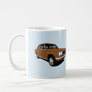 Brun Datsun blåsångare 1600 (510), två bilder Kaffemugg