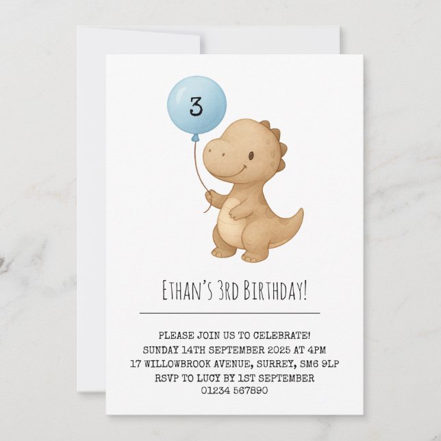 Brun dosinosaur med Blue Balloon Birthday Inbjudningar (Framsida)