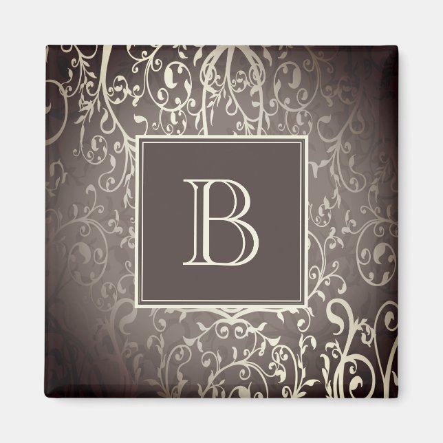 Brun Elegant, blommande Monogram Magnet (Framsidan)