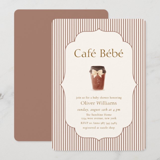 Brun Elegant Randig Café Bébé Kaffe Baby shower Inbjudningar (Fram/baksida)