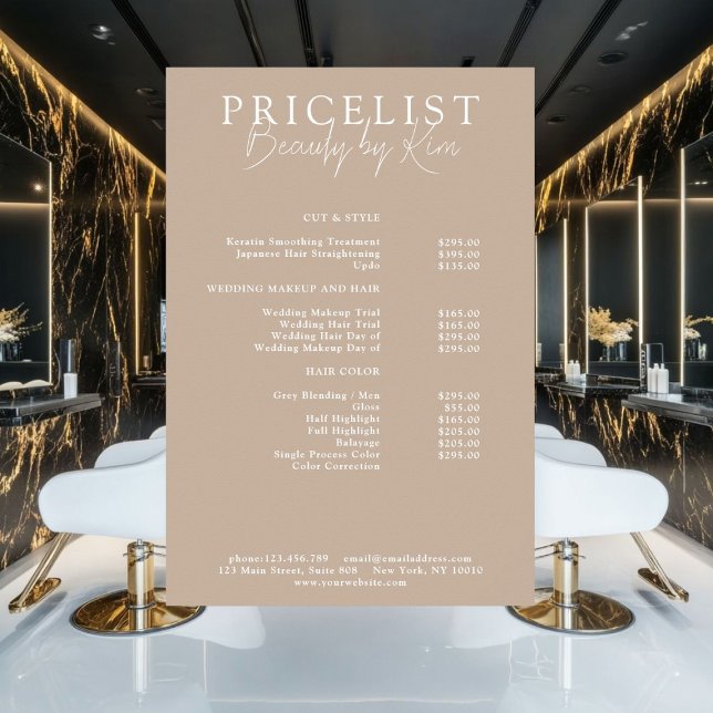 Brun, Elegant Salongs Prislista Poster (Personalized, Brown, Elegant, Salon Price List Poster)