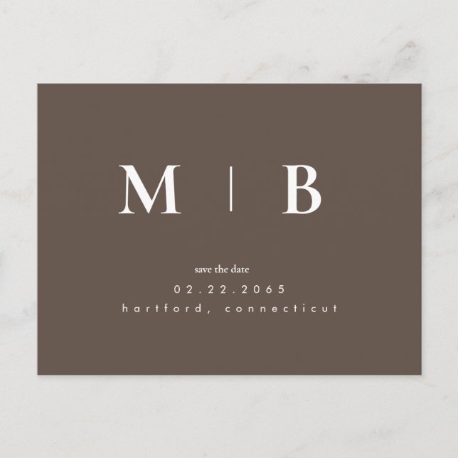 Brun enkel Contemporary Monogram Spara datum Vykort (Framsida)
