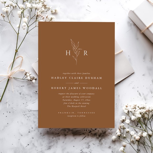 Brun enkel minimal monogram botaniskt Bröllop Inbjudningar (Skapare uppladdad)