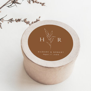 Brun enkel minimal monogram botaniskt Bröllop Runt Klistermärke