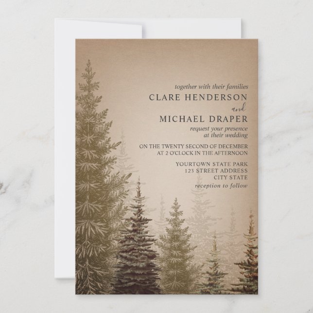 Brun Evergreen Träd Rustic Wedding bjudande Inbjudningar (Framsida)