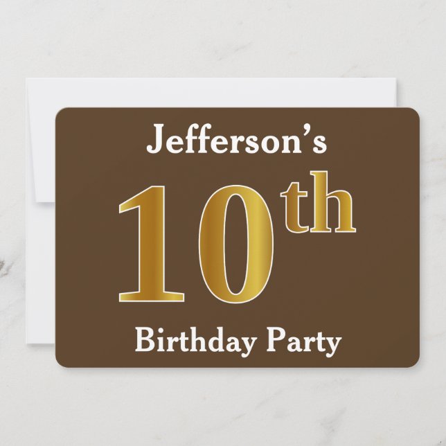 Brun, Faux Guld 10:e Födelsedagsfesten; Anpassat n Inbjudningar (Framsida)
