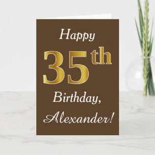 Brun, Faux Guld 35e Birthday + Anpassat namn Kort