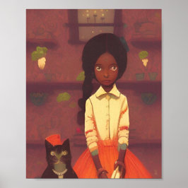 Brun flicka- och kattrobotar, orange poster