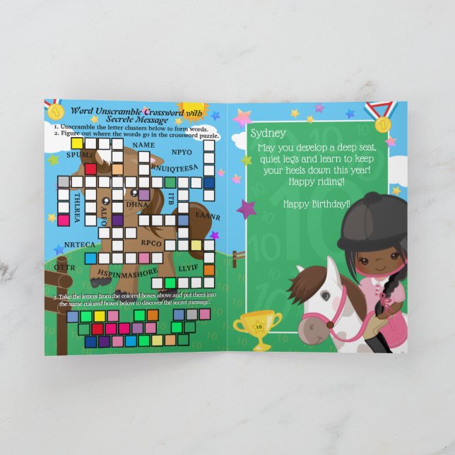 Brun flickor Equestrian Secret Message Birthday Kort (Inuti)