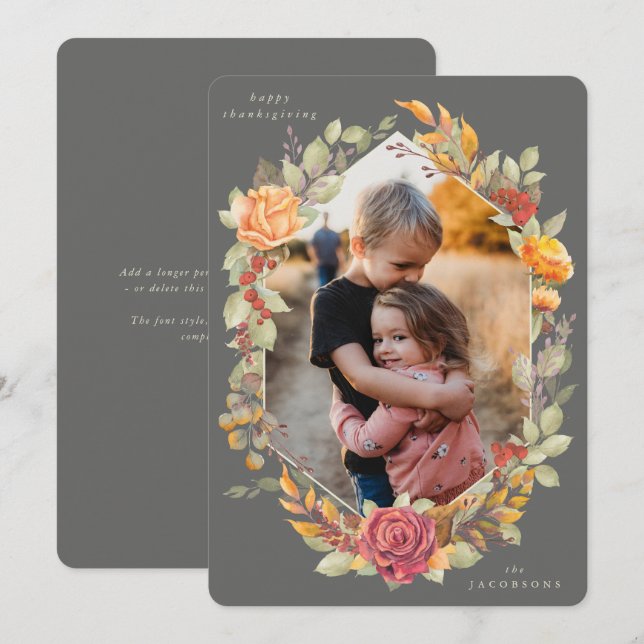 Brun fotokort för automatisk Blommigt, Thanksgivin Julkort (Fram/baksida)