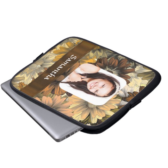 Brun fotomall för blommigt laptop fodral (Framre botten)