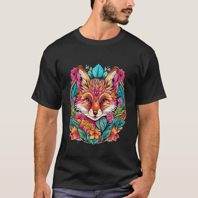Brun Fox med Färgglada Blad & Blommor Krans, F T Shirt (Framsida)