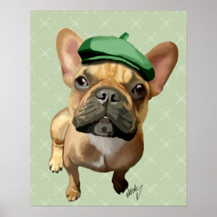 Brun Fransk Bulldog med Grönt Hat Poster
