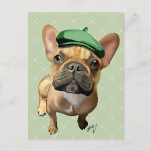 Brun Fransk Bulldog med Grönt Hat Vykort