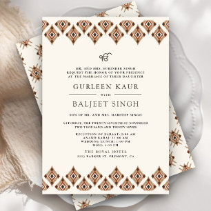 Brun geometrisk Ikat Anand Karaj Sikh Bröllop Inbjudningar