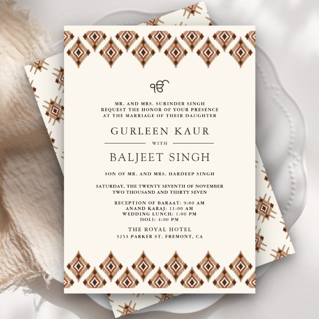 Brun geometrisk Ikat Anand Karaj Sikh Bröllop Inbjudningar (Skapare uppladdad)