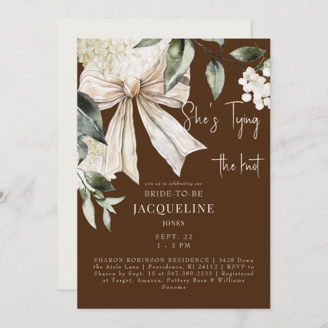 Brun Gifter sig Bow Hydrangea-Möhippa Inbjudningar (Fram/baksida)