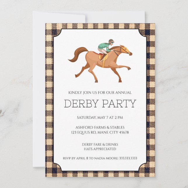 Brun Gingham Derby-fest Inbjudningar (Framsida)