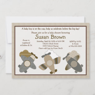 Brun Gingham-flygplan Baby Shower-inbjudan Inbjudningar