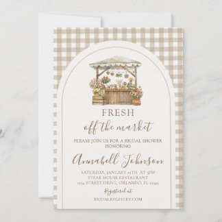 Brun Gingham Fresh Off The Market Bröllopsdusch Inbjudningar