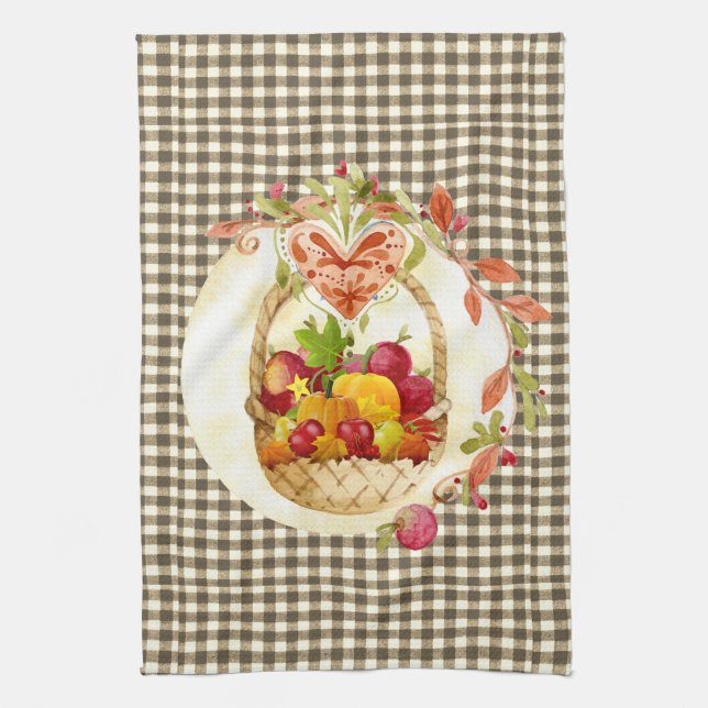 Brun Gingham Höstskördekorg Kökshandduk (Vertikal)