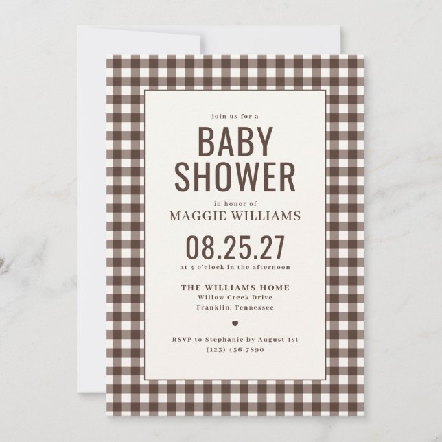 Brun Gingham Könsneutrala Bebis Shower Inbjudningar (Framsida)