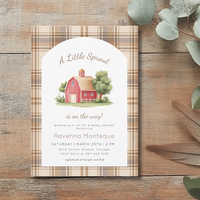 Brun Gingham Röd Lada Liten Grodd Baby Shower Inbjudningar (Skapare uppladdad)