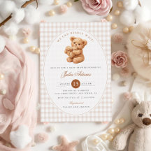 Brun Gingham Teddybjörn Neutral Baby Shower-papper
