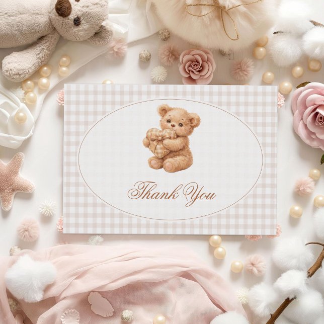 Brun Gingham Teddybjörn Neutral Baby Shower-papper Inbjudningar (Skapare uppladdad)