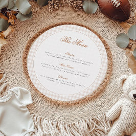 Brun Gingham Teddybjörn Neutral Baby Shower-papper Meny
