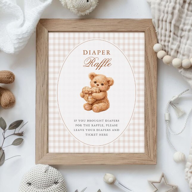 Brun Gingham Teddybjörn Neutral Baby Shower-papper Poster (Skapare uppladdad)