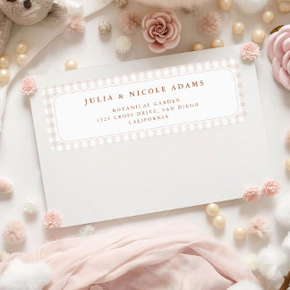 Brun Gingham Teddybjörn Neutral Baby Shower-papper Returadress Etikett