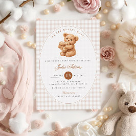 Brun Gingham Teddybjörn Neutral Barnkalas Papper Inbjudningar