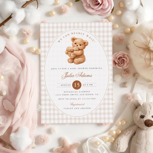 Brun Gingham Teddybjörn Neutral Barnkalas Papper Inbjudningar (Skapare uppladdad)