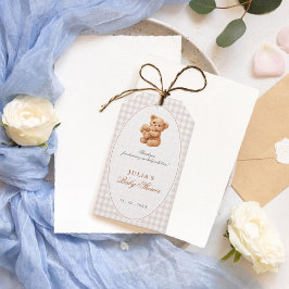 Brun Gingham Teddybjörn Neutral Barnkalas Papper Presentetikett